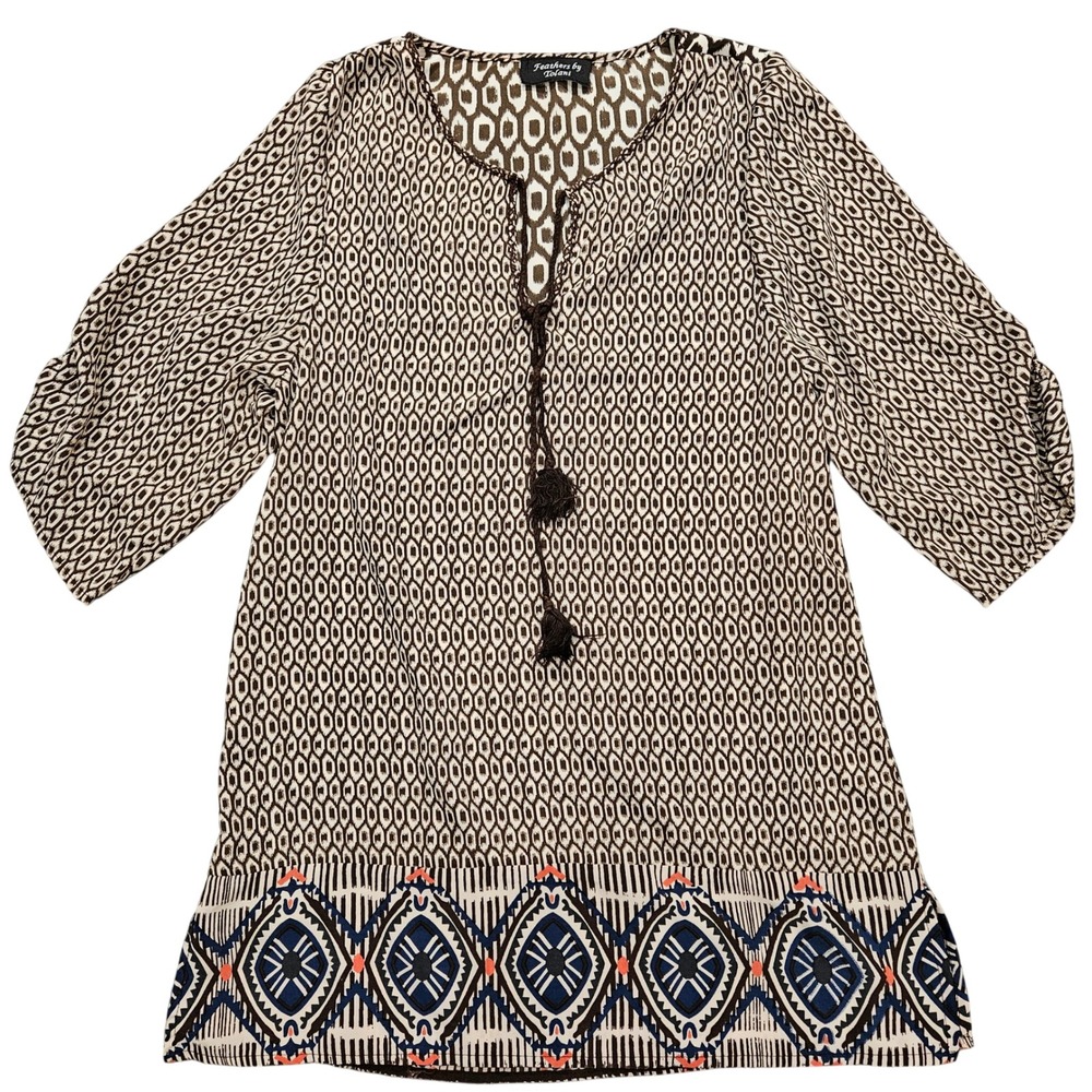 Tolani Geometric Ikat Tunic Top Mini Dress Brown Blue Tassel Split Neck L Boho